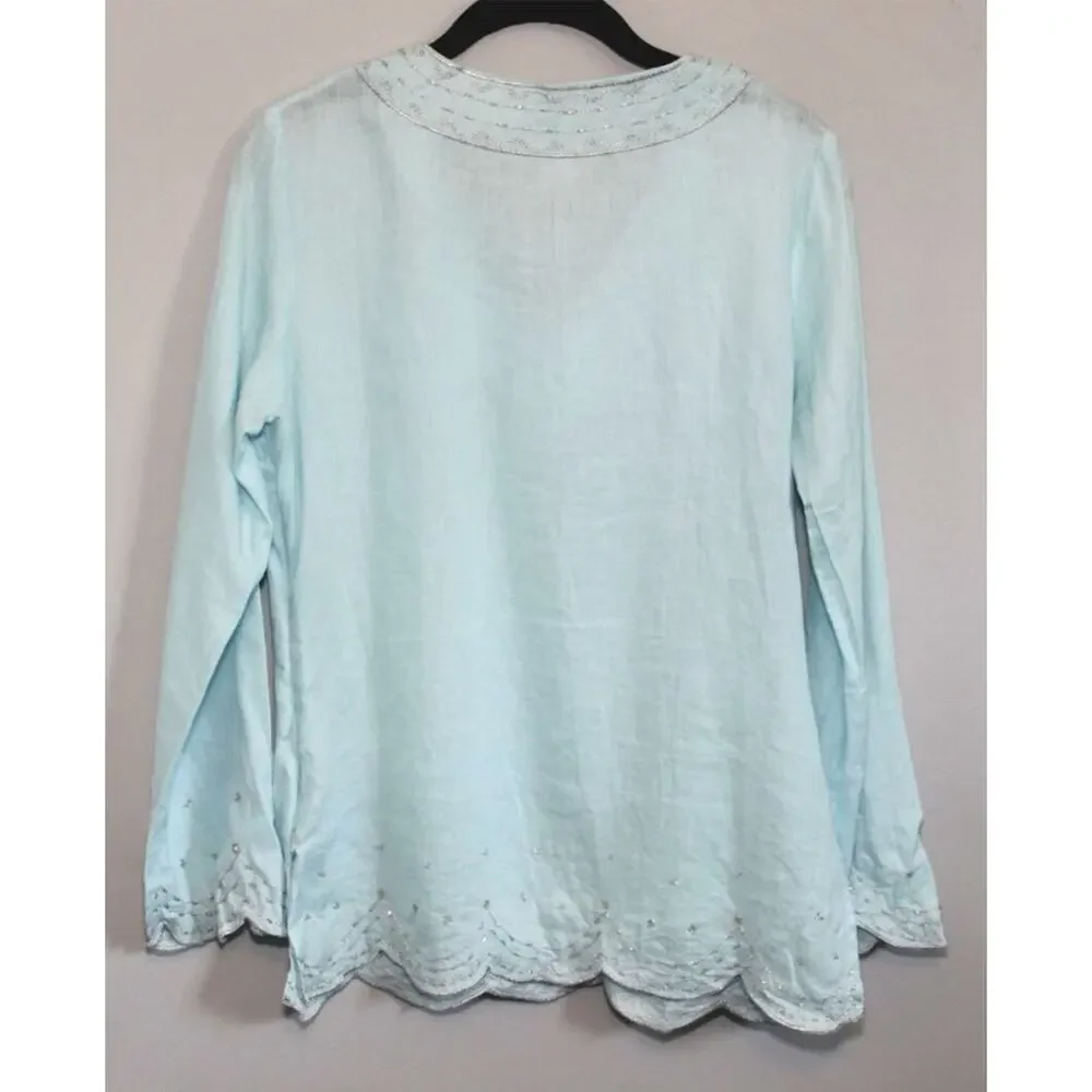 ✨2/$20 Flawed Lilly Pulitzer Linen Beaded Blouse Light Blue Top Small H11153 - Picture 11 of 16